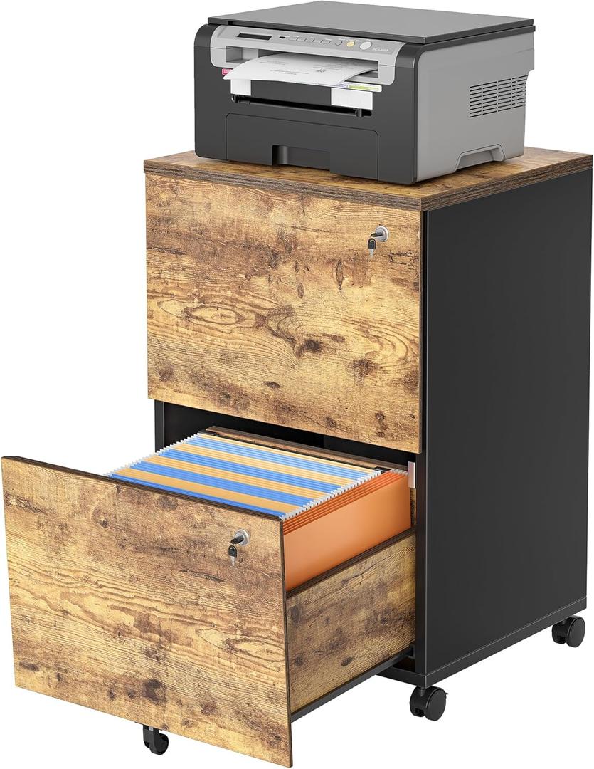 TIQLAB 2 Drawer Mobile File Cabinet, Filing Cabinet Home Office for Letter, Legal, A4 Size, Under Desk Vertical File Cabinet, Mix Vintage