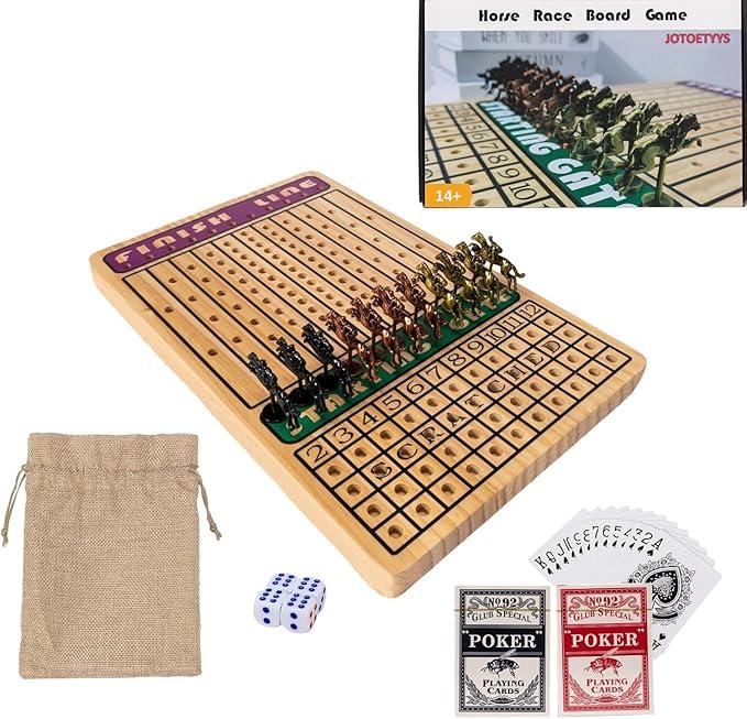 Horse Race Board Game with 11 Luxury Metal Horses, 4 Dice, 2 Card Boxes and Thickened Wood Game Board for 211 Players Family Party for Adults Teens & Kids Horse Racing Game