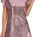 FEMI SEMI Women's Crewneck Sequin Shift Dress Short Sleeve Casual Holiday Sparkly Party Dress (Pink, L)