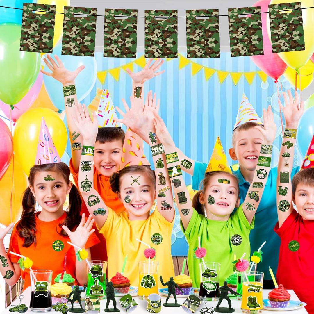 Army Party Favors, Military Camo Temporary Tattoos Slap Bracelets Keychains Stickers Badges Goodie Bags Soldiers Figures for Army Birthday Party Decorations Gifts for Kids Classroom Rewards