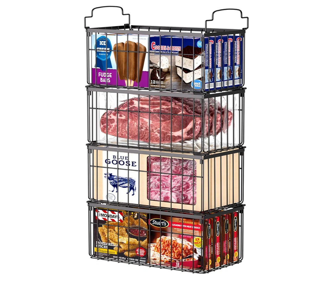 Freezer Organizer Bins, 4 Pack Stackable Deep Chest Freezer Organizer Bins, Foldable Baskets with Handles, Black Storage Container Baskets for 5/ 7 Cu.FT Deep Freezer Sort Frozen Meats
