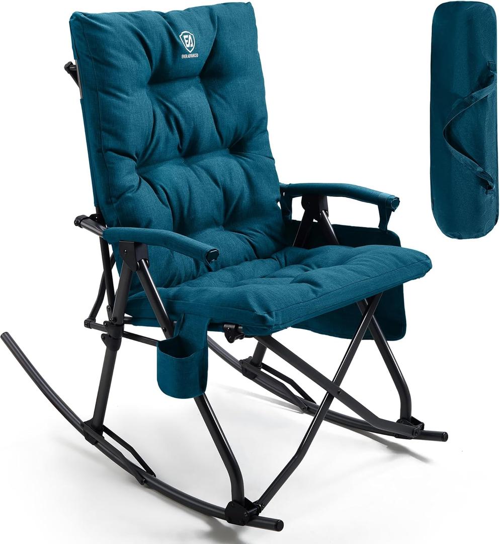 EVER ADVANCED Oversized Folding Rocking Camping Chair, Padded Portable Rocker Chair for Patio, Lawn and Outdoors, Heavy Duty Hard Armchair for Adults Supports 400lbs, Green