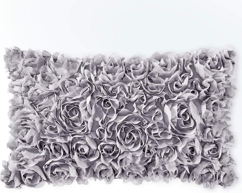 MIULEE 3D Decorative Romantic Valentines Stereo Chiffon Rose Flower Throw Pillow Cover Solid Pillowcase for Girl Women Wedding Sofa Bedroom Car Decor 12x20 Inch 30x50cm Grey (20" x 12" (Pack of 1))