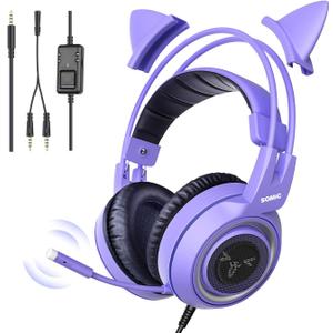SOMIC G951S Purple Stereo Gaming Headset with Mic for PS4, PS5, Xbox One, PC, Phone, Detachable Cat Ear 3.5MM Noise Reduction Headphones Computer Gaming Headphone Self-Adjusting Gamer Headsets