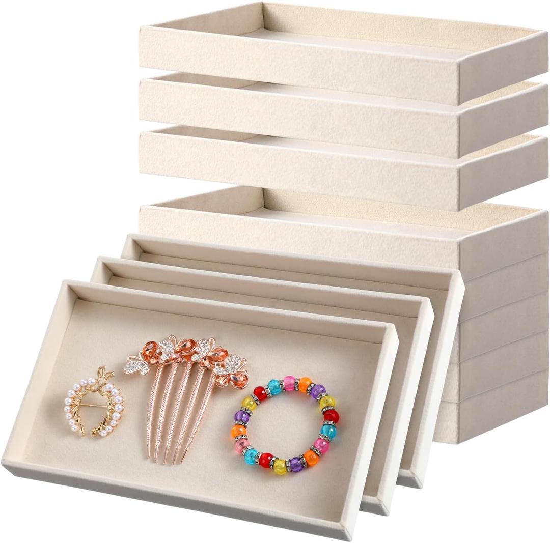 12 Pack 1 Grid Velvet Jewelry Trays, Stackable Jewelry Drawers Organizer Inserts, Beige Jewelry Storage Display Trays for Necklace, Earring, Ring, Bracelet, 8x4.6x0.91 Inches