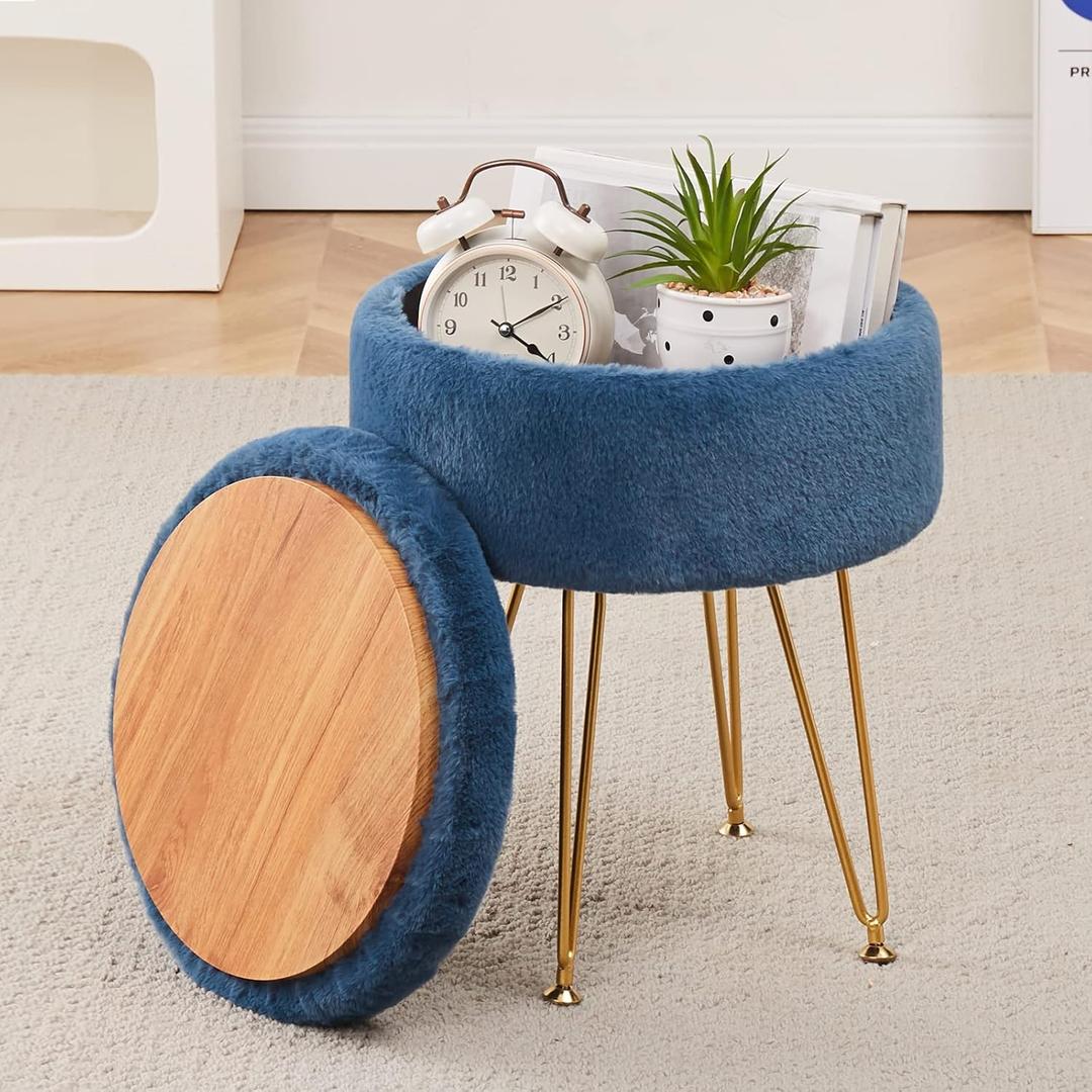 Cplxroc Footrest Footstools Round Faux Fur Ottoman with Storage Space Soft Vanity Chair Seat Coffee Table Ottoman Small Side Table Metal Legs with Adjustable Footings (Dark Blue)