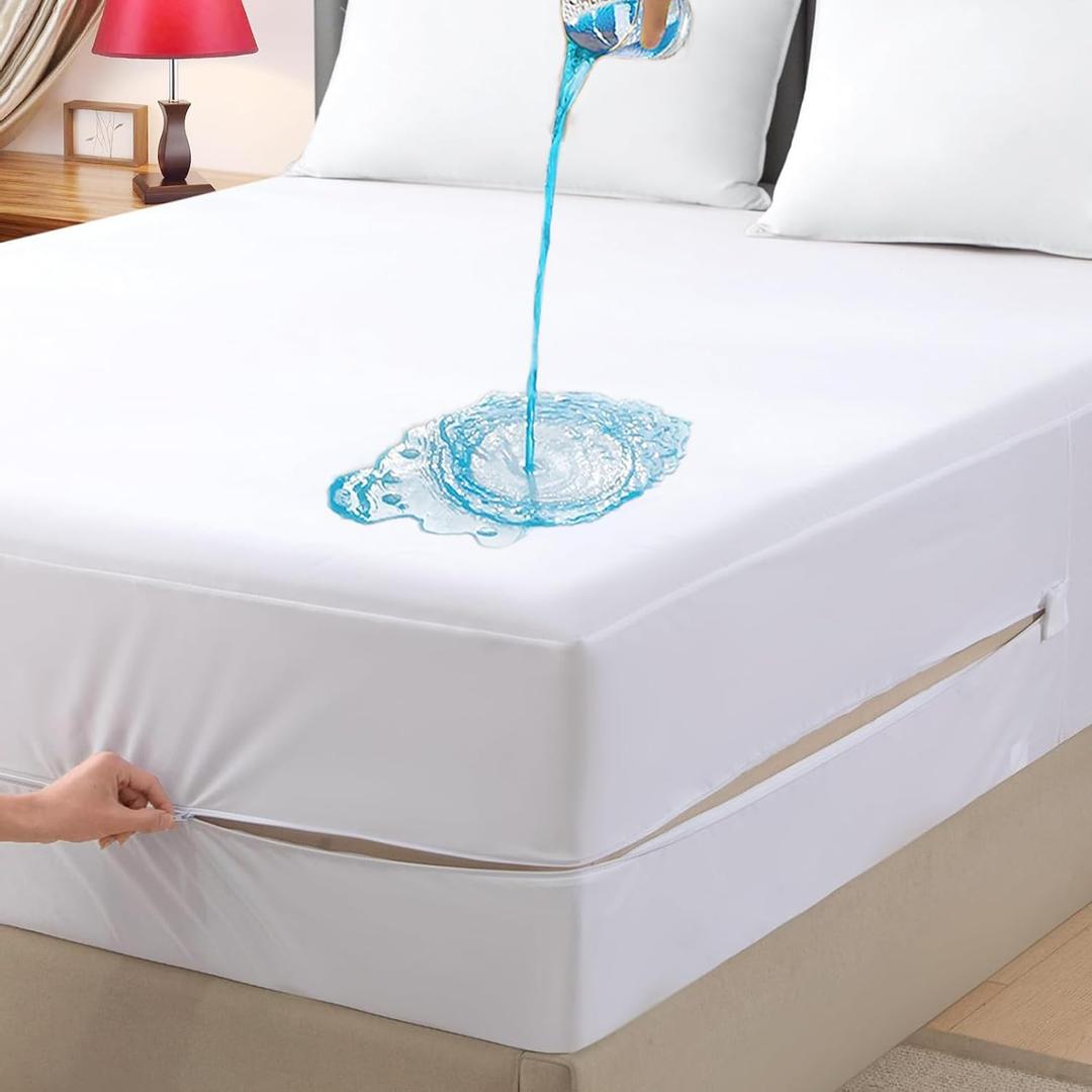 Full Waterproof Zippered Mattress Encasement, Breathable, Noiseless, Machine-Washable Zipped Mattress Cover, Fitting 7" - 13" Deep Mattress