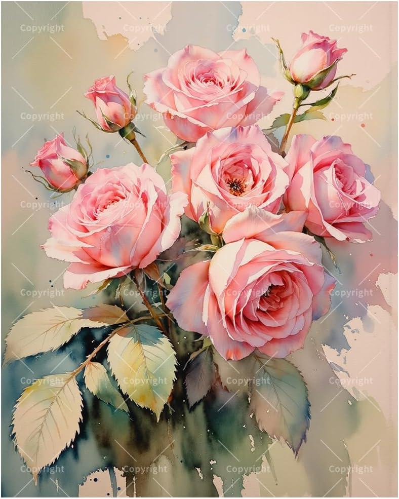 Pink Roses Bloom Paint by Numbers Kit for Adults - DIY Flowers Canvas Painting, Acrylic Paint Set, Suitable for Beginners, for Home Decoration or Presents(8X12IN Framed)