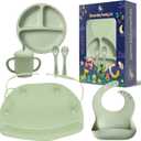 SilliSupply Silicone Baby Feeding Set with Utensil Holders & Catch Compartment - Innovative Weaning Kit with Bib, Spoon, and Suction Mat