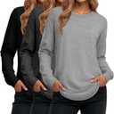 Ficerd 3 Pack Women's Long Sleeve Shirts, Cotton Crew Neck Tunic Tops Casual Loose Fit Pullover Sweatshirts Curved Hem Shirts (X-Large, Black, Dark Gray, Light Gray)