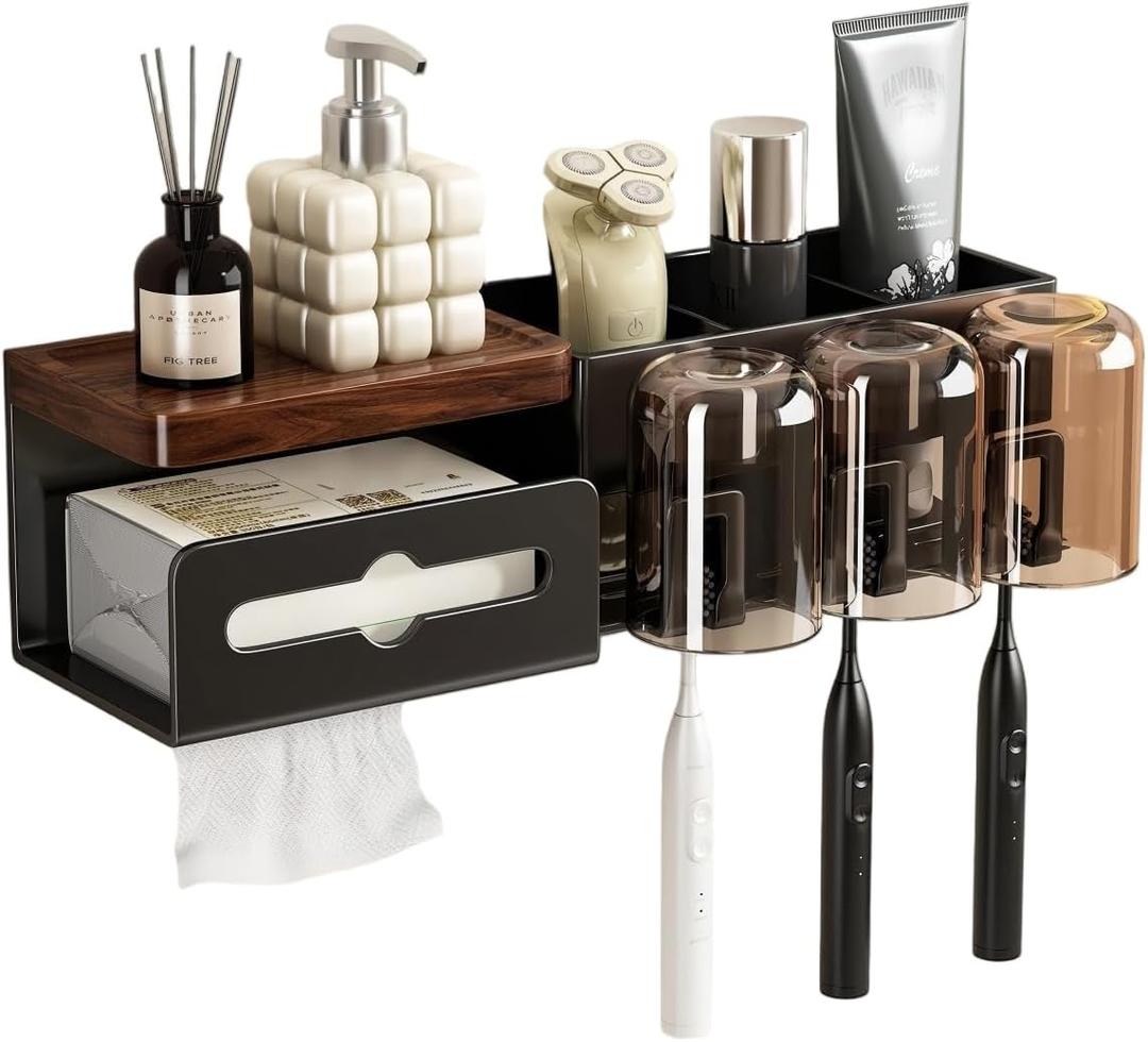 Wall Mounted Toothbrush Holder with 3 Cups, Bathroom Storage Organizer Rack with Tissue Box, No Drill Installation