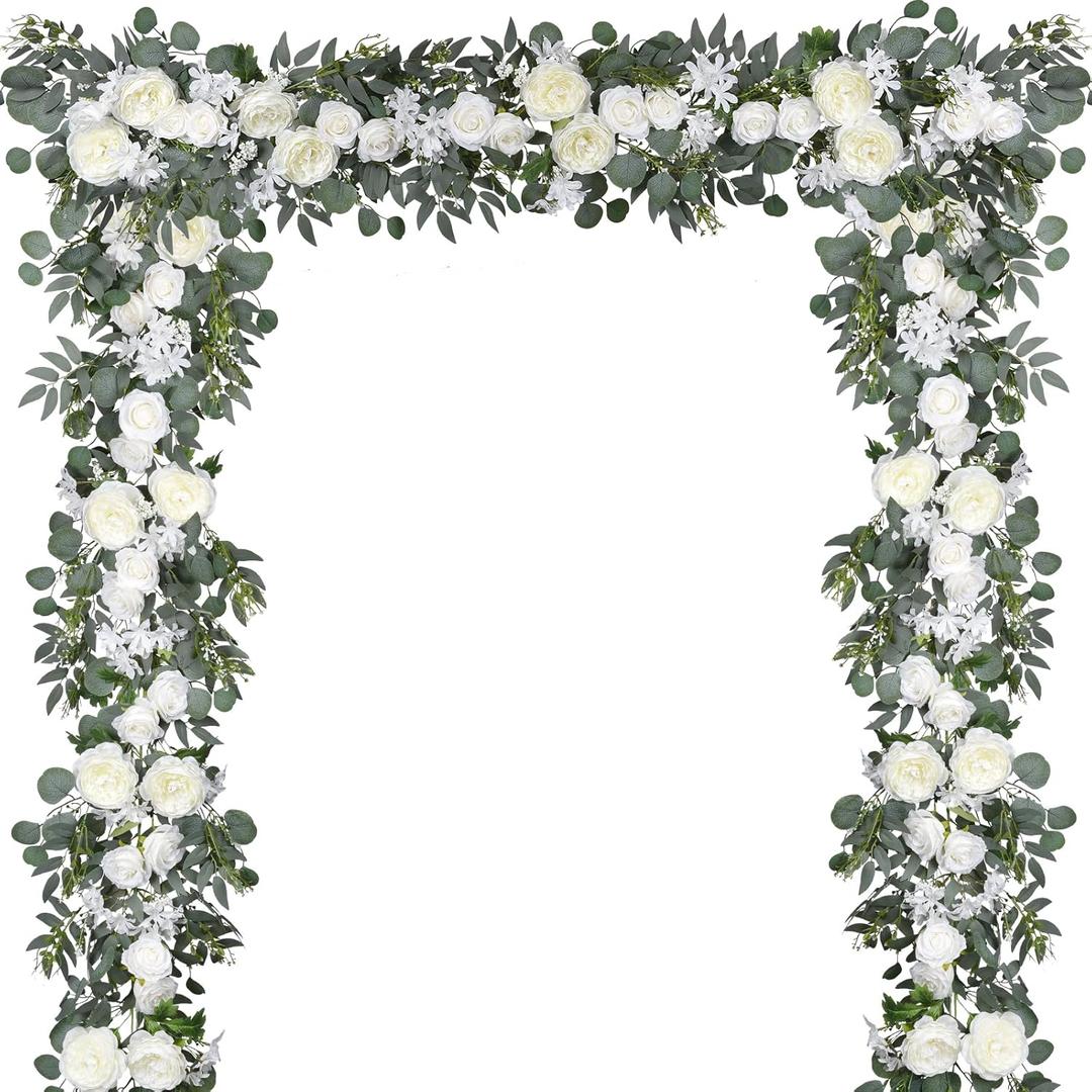 DearHouse 2Pcs Artificial Peony Flower Garland and - Silk Peony Garland with Flowers and Eucalyptus for Wedding Party Table Decoration,6ft/Strand (White)