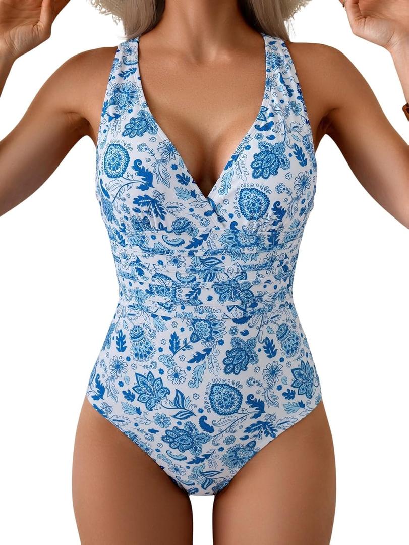 Eomenie One Piece Swimsuit for Women Tummy Control Slimming Bathing Suit Wide Straps V Neck Swim Suit Cross Back Swimwear (Large, Blue Floral)