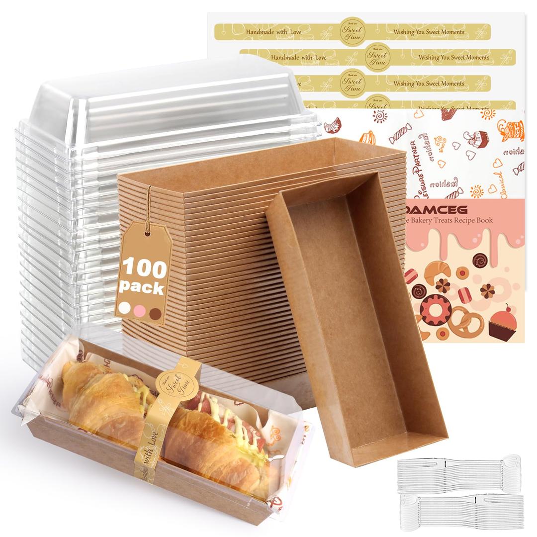 OAMCEG 7.5x3.3 Inch Small Charcuterie Boxes with Clear Lids,100Pcs Mini Bakery Containers,Disposable To Go Food Paper Boxes for Sandwich, Cookie, Pastry, Cake Slice (Brown)