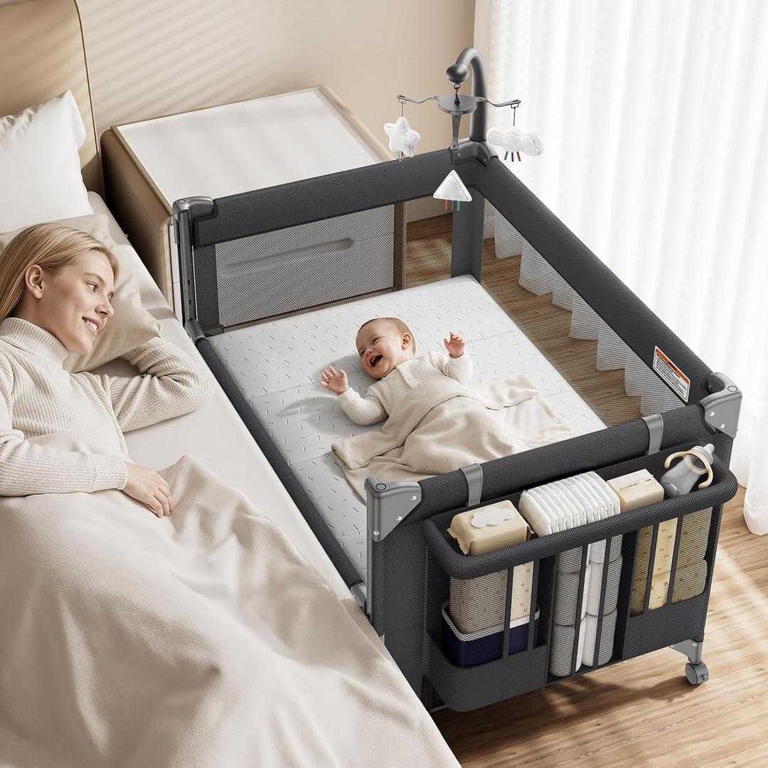 GAIVE 4 in 1 Baby Bassinet, One-Push Setup Pack and Play, Bedside Crib Sleeper with 3 Height Adjustable Diaper Changer, Come with Comfy Mattress, Rotating Toy Bar, from Infants to Toddlers (Black)
