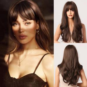Honygebia Dark Brown Wig with Bangs - Long Wavy Brunette Wigs for Women, Chocolate Brown Synthetic Heat Resistant Hair, Natural Looking Long Brown Wig - Best Wigs for Halloween/Christmas/Party