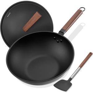Carbon Steel Wok, 13-Inch, Pre-Seasoned, Non-Stick, with Lid, Flat Bottom, Ideal for Stovetop Cooking