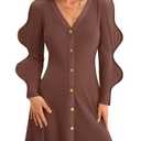 Wenrine Womens Puff Long Sleeve Sweater Dress Casual Button Down V Neck Ribbed Knit A Line Party Fall Mini Dresses Brown, Size M