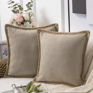 Phantoscope Pack of 2 Farmhouse Decorative Solid Throw Decorative Pillow Cover Burlap Linen Trimmed Tailored Edges Beige 20 x 20 inches, 50 x 50 cm