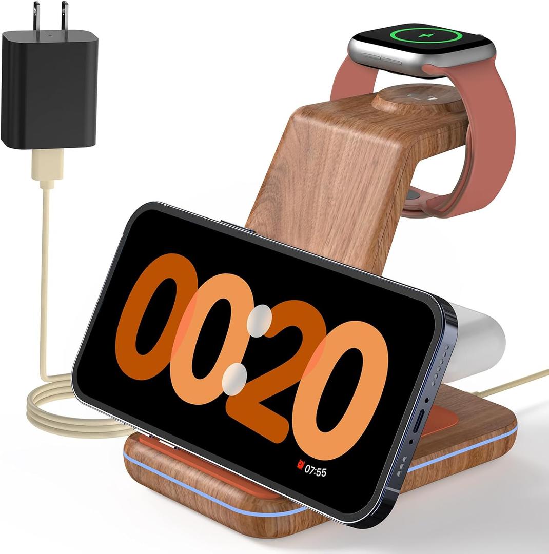 JoyGeek 3 in 1 Charging Station for Apple Devices, Wireless Charger Stand for iPhone 17/16/15/14/13/12/11/SE/X Pro Max Plus - Apple Watch 11/10/9/Ultra 2/8/SE/7/6/5 - AirPods Pro 2/3/2 (Woodgrain Color)