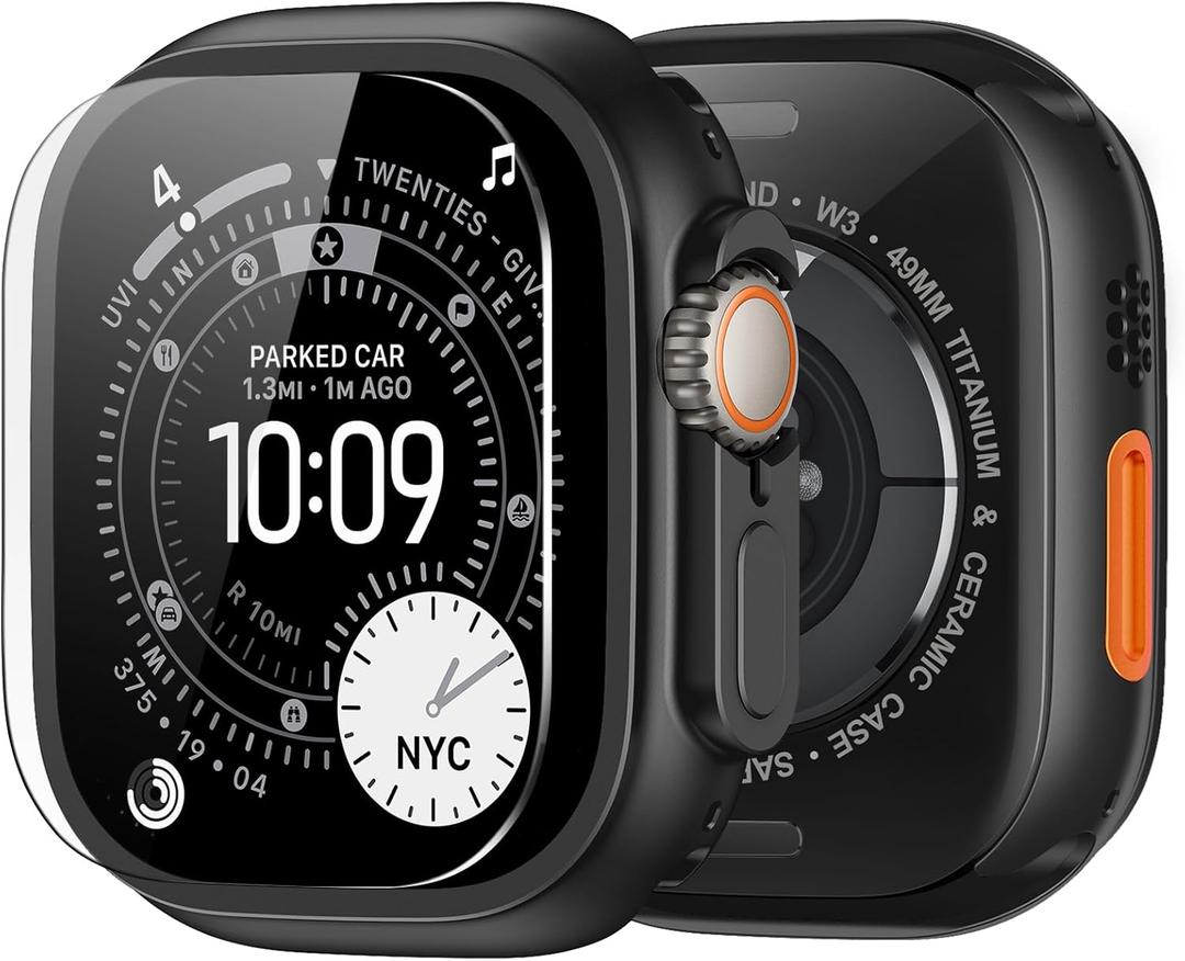 amBand Metal Case Screen Protector Cover for Apple Watch Ultra 3/ Ultra 2/ Ultra 49mm, W3 Rugged Bumper Thin Frame + 9H Tempered Glass Film + Ceramic-Like Back Cover, [Stylish] [Waterproof], Matte Black