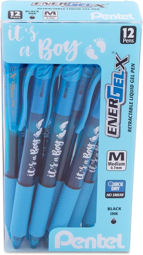Pentel EnerGel-X Retractable Gel Pen, (0.7mm) Med. line, Sky Blue Ink- It's a Boy! Dozen Box (BL107SPC12)