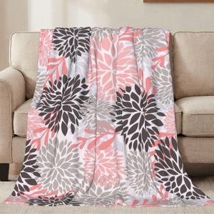 Gray Black and Pink Chrysanthemum Flowers Throw Blankets All Season Ultra Soft Warm Daisy Floral Fleece Blanket for Home Bed Sofa Couch Chair Outdoor Travel Camping 50x40 Inch