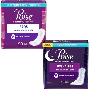Poise Incontinence Pads & Postpartum Incontinence Pads for Women Bundle: 6 Drop Ultimate Absorbency, Long Length, 90ct and 8 Drop Overnight Absorbency, Extra-Coverage Length, 72ct