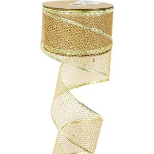 MEEDEE Glitter Wire Mesh Netting - Gold Christmas Ribbon, 2.5 Inch Wired Metallic Ribbon (25 Yards)
