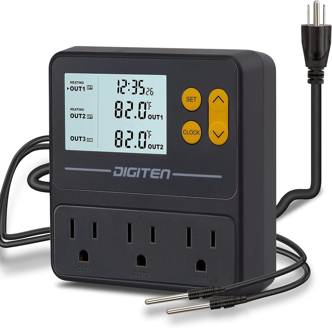 Reptile Temperature Controller, 3 Outlet Timer Thermostat for Grow Tent, Incubation, Snakes, Fish Tank, Heater, humidifiers, Ball Pythons, Bearded Dragon Tank