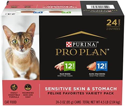 Purina Pro Plan Sensitive Skin and Stomach Wet Cat Food Variety Pack, Duck and Artic Char Entrees - (Pack of 24) 3 oz. Cans By AUG 2027