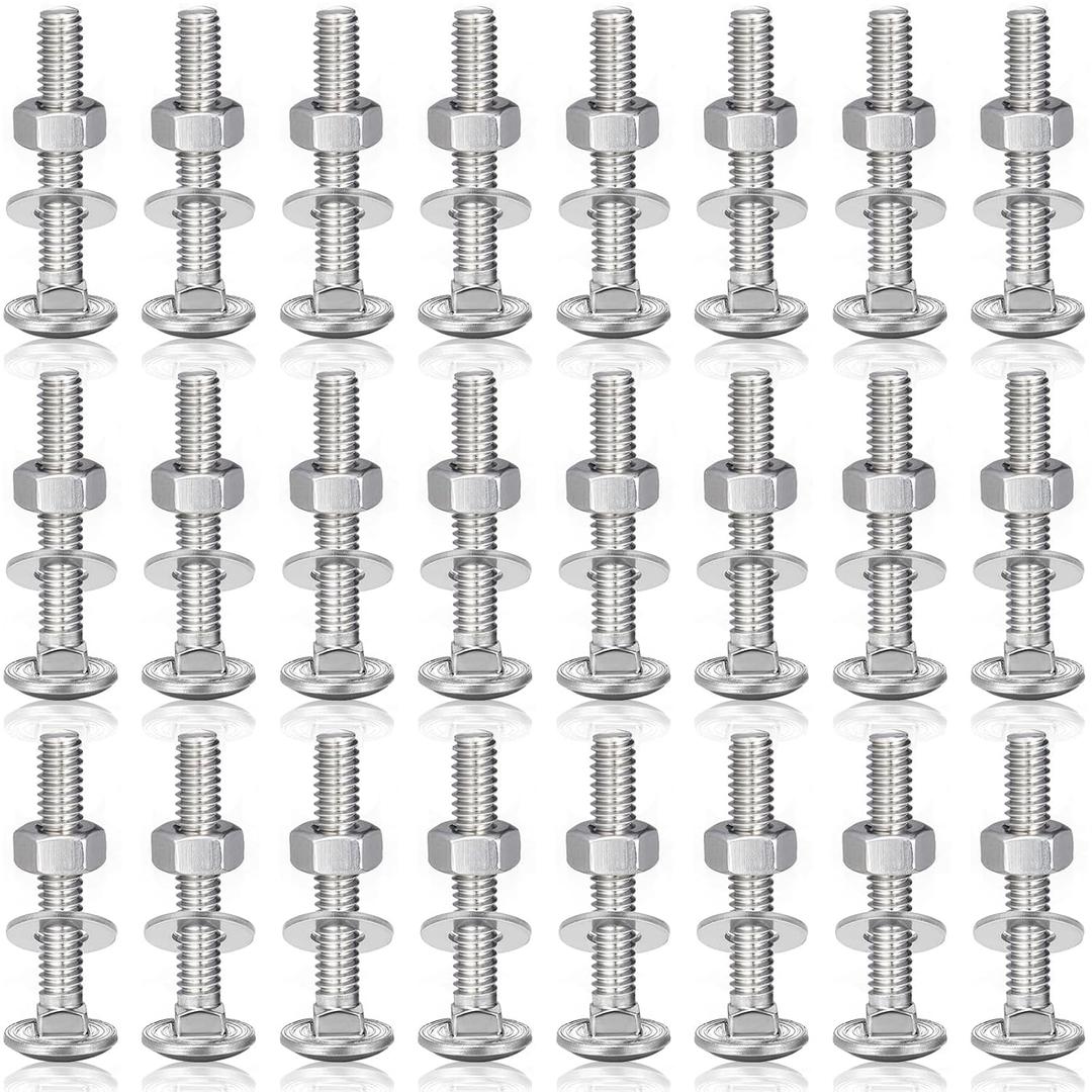 Zonon 25 Sets 1/4-20 x 1-1/2" Stainless Steel Carriage Bolts and Nuts Kit Round Head Square Neck Carriage Bolts Screws and Hex Nuts and Flat Washers, Stainless 18-8 Full Thread Coverage (Silver)
