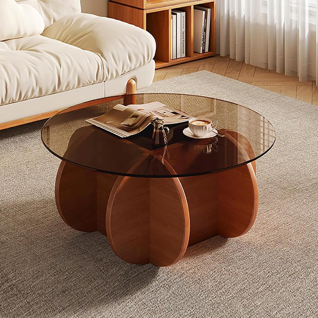 Modern Round Glass Coffee Table - Mid Century Small Coffee Table for Living Room, Suitable for Bedroom Living Room Reception Offices Tables(Walnut/Brown)