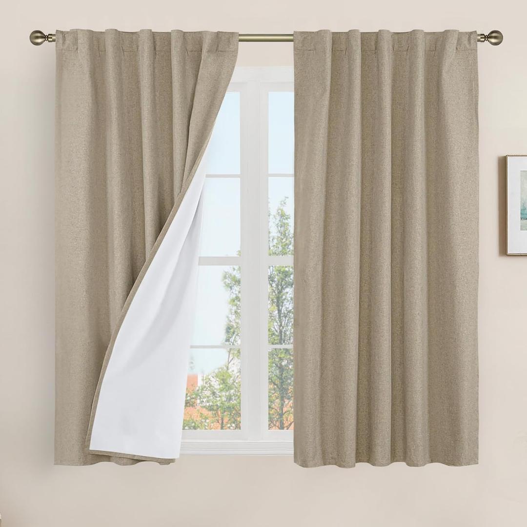 LAMIT Natural 100% Blackout Linen Curtains, 54 Inches Linen Textured Thermal Bedroom Curtains Back Tab and Rod Pocket Neutral Panels with White Liner for Farmhouse, 2 Panels, 42 x 54 Inch, Taupe