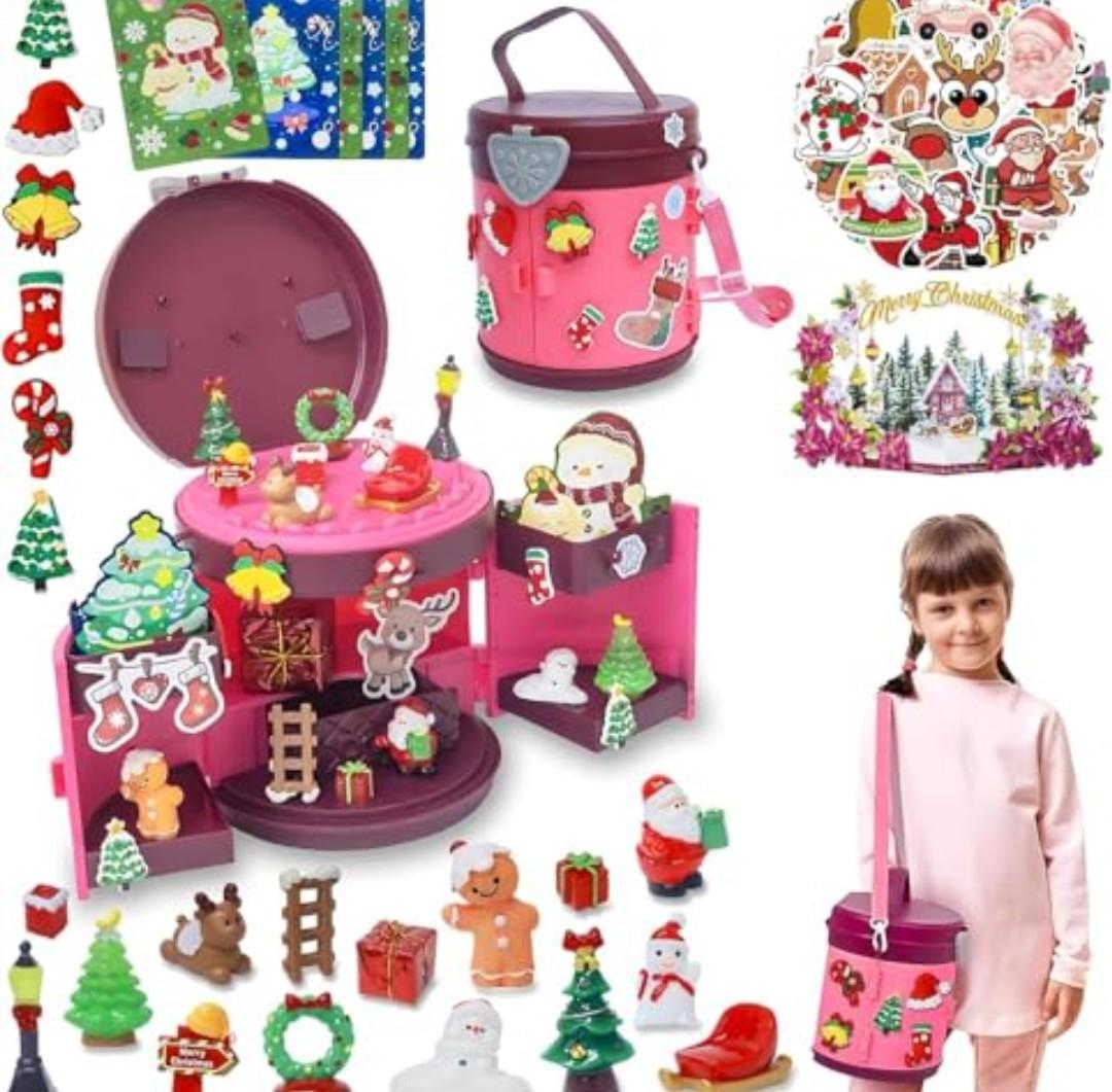 2025 Kids Box – DIY Christmas Organizer Bucket with Stickers & Mini Toys, Fidget Toy Pack, Multi-Item Fidget Toys, Creative Holiday Craft Kit for Girls Boys, Santa & Snowman Storage Bucket for Kids