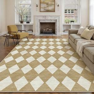 PureCozy 3x5 Checkered Area Rugs for Living Room Brown Machine Washable Large Rug Non-Slip Stain Resistant Low Pile Boho Accent Indoor Throw Carpet for Bedroom Dining Room Home Aesthetic Decor