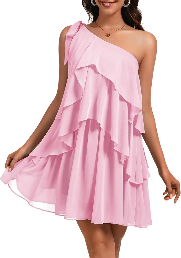 DRESSTELLS Women's Summer One Shoulder Dress - 2025 Boho Sleeveless Ruffle Tiered Layered Chiffon Pleated Pastel A Line Flowy Short Dresses Pink M