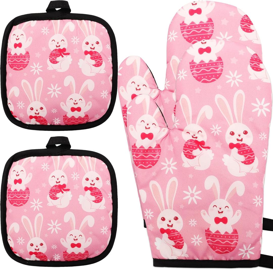 4 PCS Easter Oven Mitts and Potholders Set, Pink Easter Bunny Eggs Oven Mitt Pot Holder Rabbit Potholder Heat Resistant Non-Slip Cooking Gloves for Holiday Baking Party Favor Decor