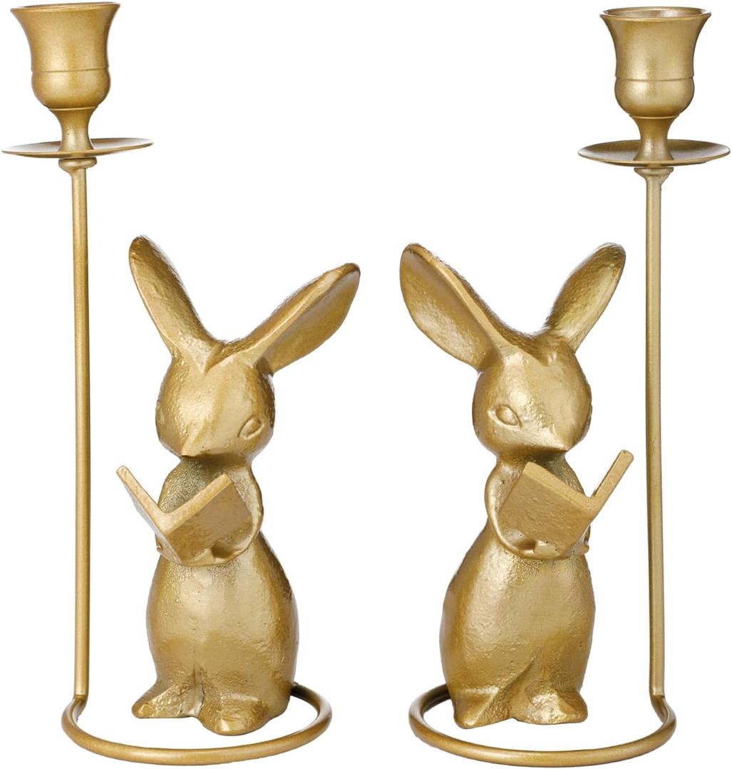 2 Pcs Christmas Mouse Reading Taper Candle Holders 8.25 Inches Cute Animal Candlestick Holders Dinner Metal Candle Stand Centerpiece Table Decorative Candlelight for Christmas Home Decoration