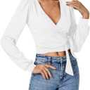LYANER Women's Wrap V Neck Self Tie Knot Bishop Long Sleeve Ribbed Knit Crop Blouse T-Shirt Top (White, S)