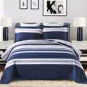 PERHOM Quilts Queen Size Navy Blue Striped Queen Quilt, 100% Cotton Queen Quilts with 2 Shams, Lightweight Soft Bedspreads/Coverlet/Bedding Set for All Season, 3 Pieces
