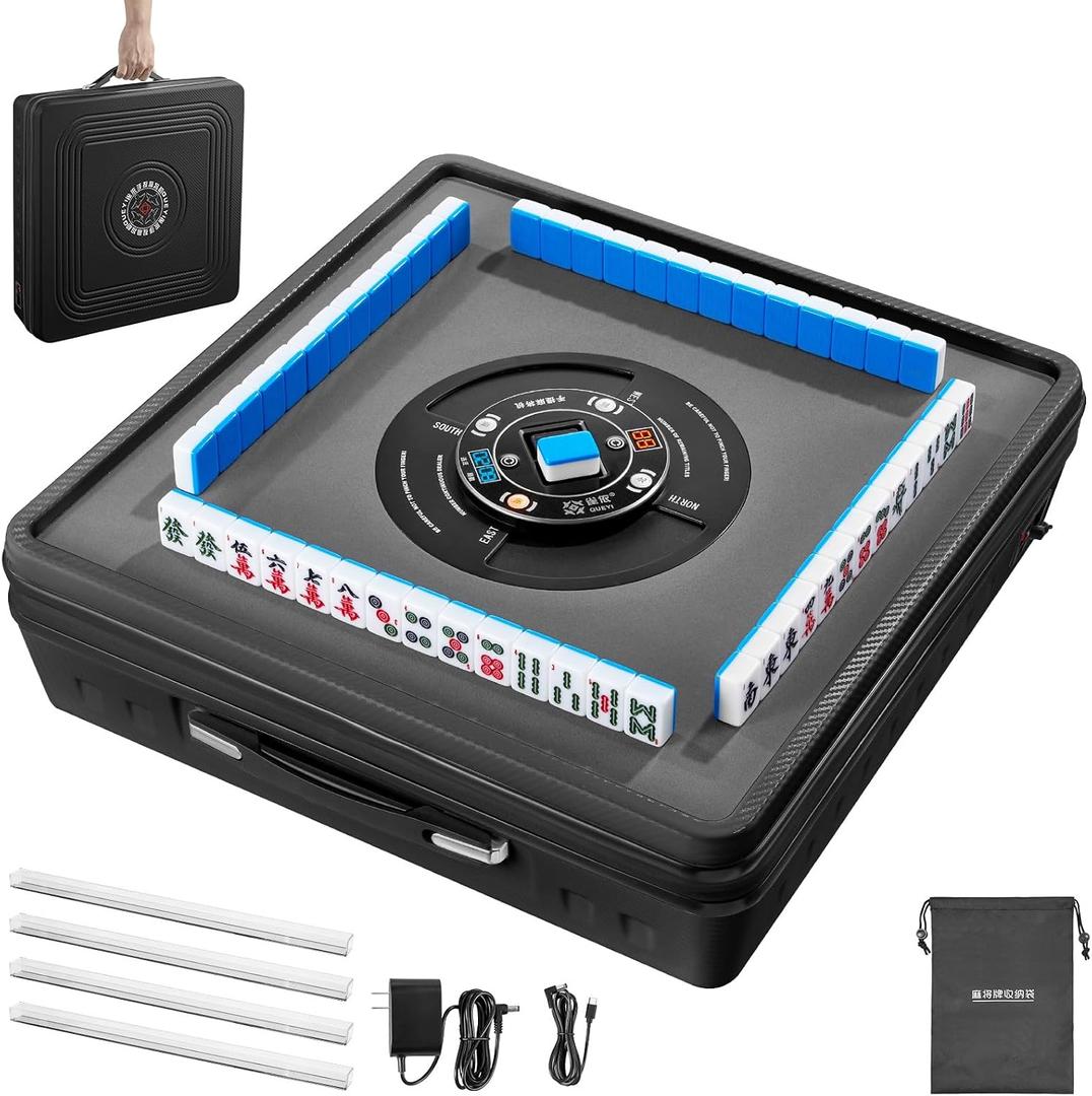 Matte Black Portable Automatic Mahjong Table - 152 Magnetic Tiles, Effortless Auto Shuffle, Ideal for American & Chinese Mahjong, Home Entertainment & Family Gatherings