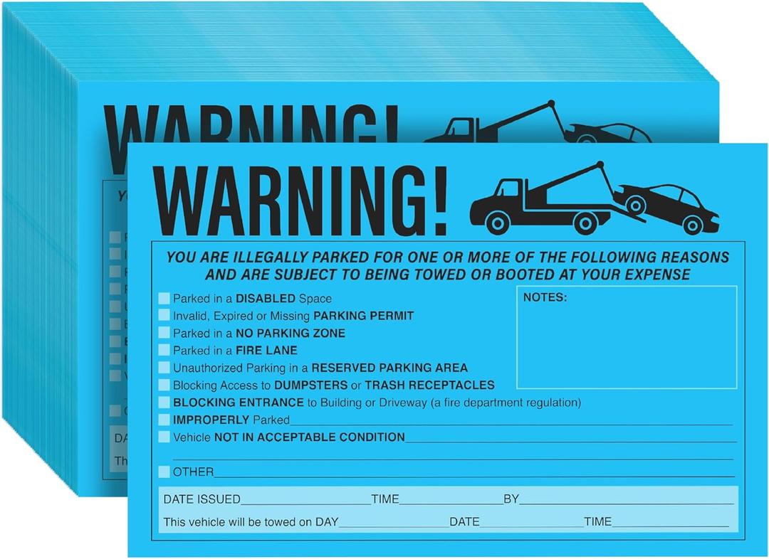 50-Pack Parking Violation Stickers, You are Illegally Parked Adhesive Tow Sign Tickets, Bulk Set of 5x8 Blue No Parking Car Warning Towed Notice Labels, Tags for Vehicle Window