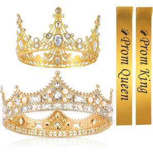 4 Pcs Prom King and Queen Crown Set with Sashes Graduation Party School Party Accessories Prom Queen and King Sashes for Graduation Birthday Wedding Halloween Costume