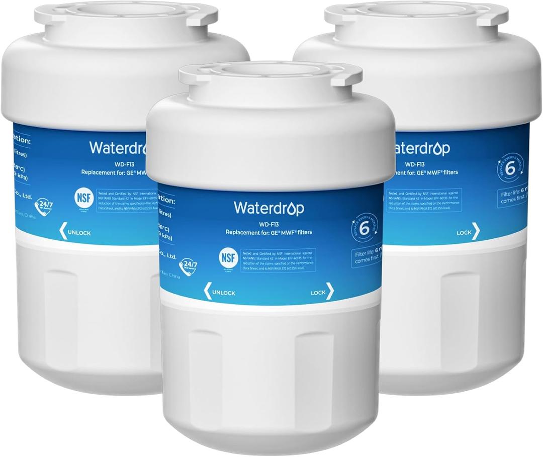 Waterdrop WD-F13 Replacement for GE MWF, SmartWater MWFP, MWFINT, MWFA, GWF, HDX FMG-1, Kenmore 9991, GSE25GSHECSS, WFC1201 Water Filter, 3 Pack
