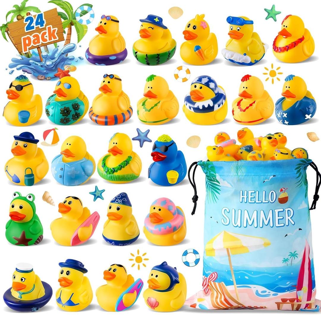 24 Pcs Summer Rubber Ducks with a Bag, Ducks for Jeeps, Assorted Beach Toys for Duckies Games, Summer Prizes Holiday Party Favors, Pool Water Bath Cruise Toys, Christmas Stocking Stuffers Gifts