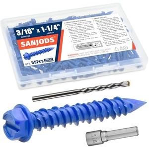 SANJODS 3/16" x 1-1/4" Concrete Screw Anchor, Blue Hex Head Screws for Anchoring to Masonry, Brick, Block, Cement or Stucco (Pack of 50