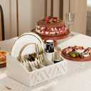 Wooden Paper Plate Caddy Organizer for Countertop, Rustic Paper Plate Dispenser and Holder, Silverware Utensil Caddy for Party with 6 Detachable Compartments for Plate, Cup, Fork, Spoon(White)