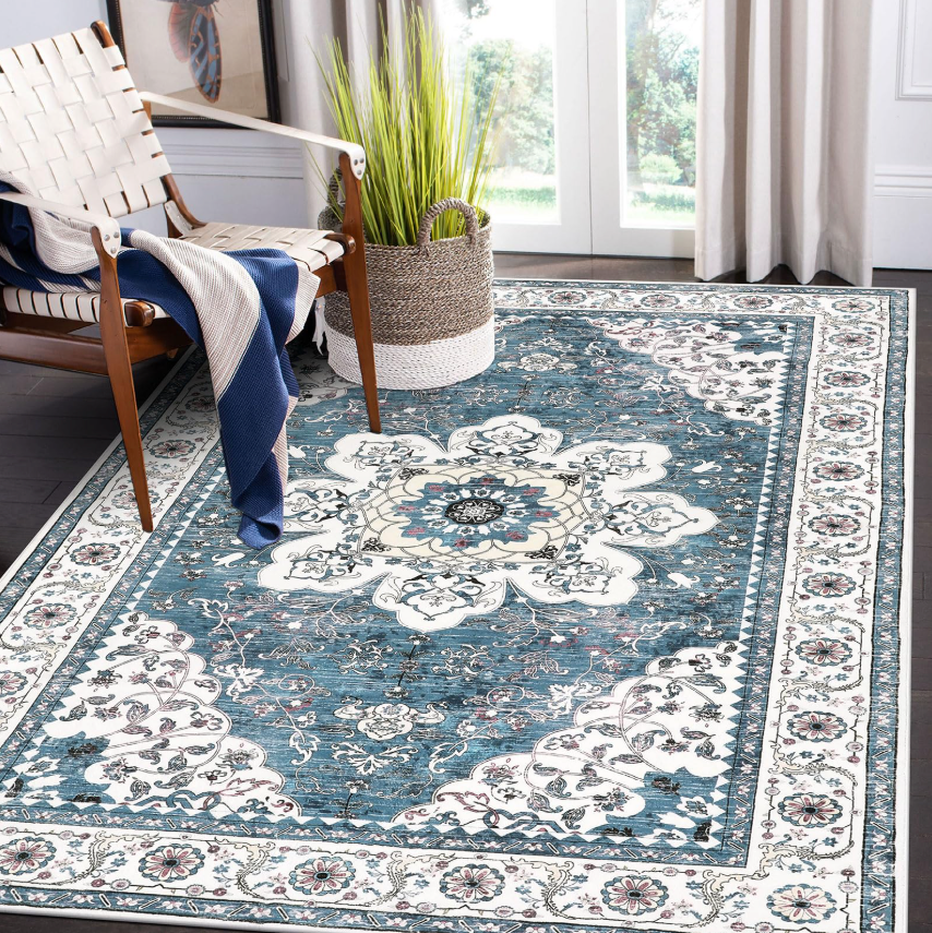 Ileading Bohemian Vintage Area Rug 5x8ft, Machine Washable Low-Pile Accent Carpet, Non-Shedding Non-Slip Living Room Floor Throw Rugs for Bedroom,Dining Room,Kids Playroom,Rv,Office, Blue