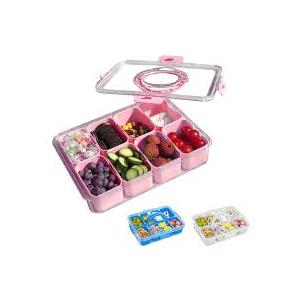 Snackle Box Container, 8 Compartment Divided Serving Tray with Lid and Handle, Snack Box Container for Candy, Fruit and Snacks, Great for Gatherings, Outings, Parties and Entertaining（Pink）